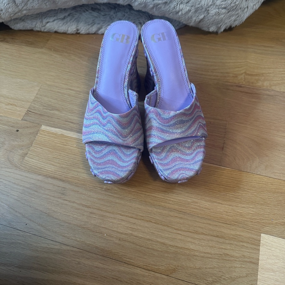 Gianni Bini Heart-String Sparkle Swirl Heart Studded High Heel Mules